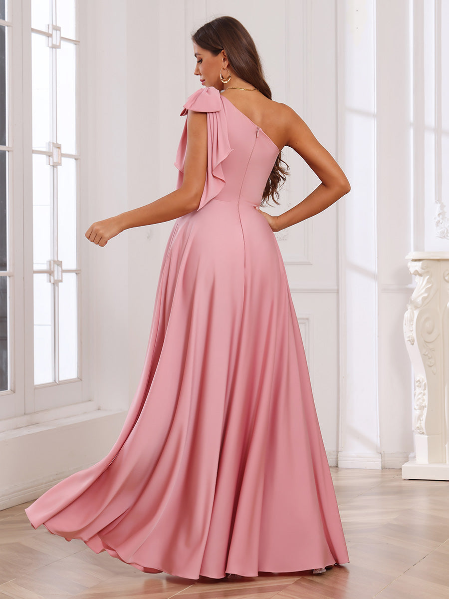 One Shoulder Satin Ruffles Pleated Bridesmaid Dresses with Slit