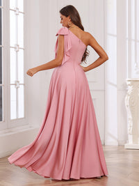 One Shoulder Satin Ruffles Pleated Bridesmaid Dresses with Slit