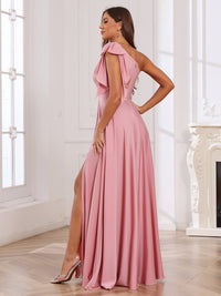 One Shoulder Satin Ruffles Pleated Bridesmaid Dresses with Slit