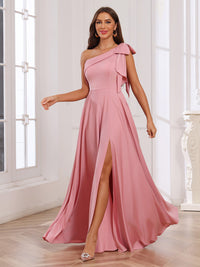 One Shoulder Satin Ruffles Pleated Bridesmaid Dresses with Slit