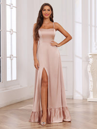 Spaghetti Straps Satin Ruffles Pleated Bridesmaid Dresses with Slit