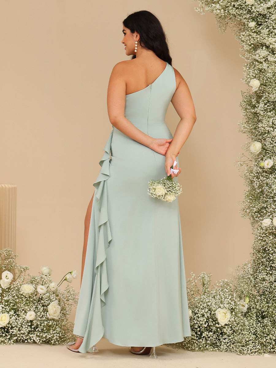 One Shoulder Chiffon Ruffles Bridesmaid Dresses with Slit