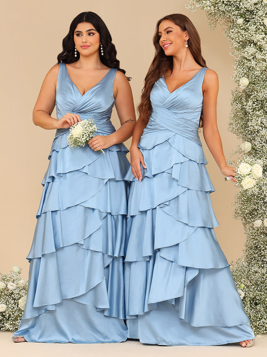 Chiffon Layered Ruffles V Neck Pleated Corset Bridesmaid Dresses