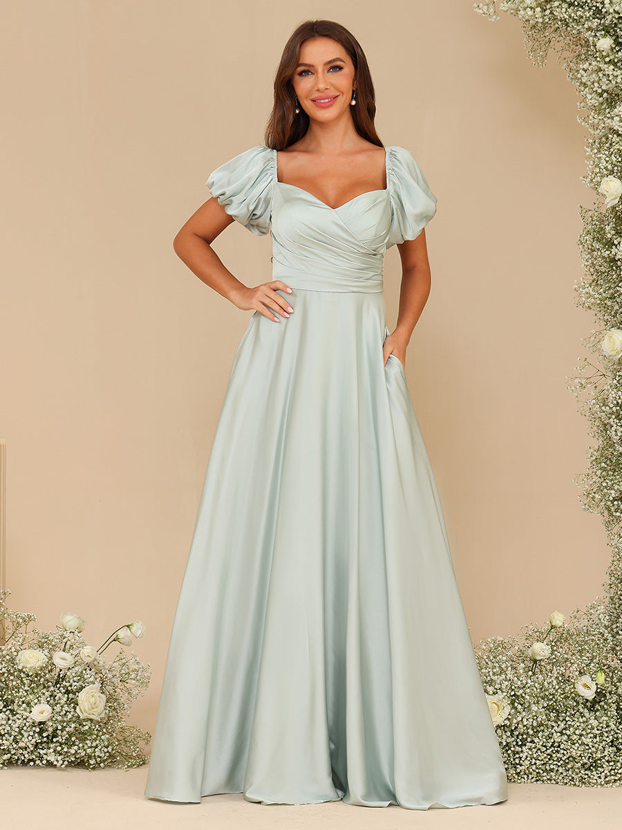 Chiffon V Neck Puff Sleeve Pleated Corset Bridesmaid Dresses
