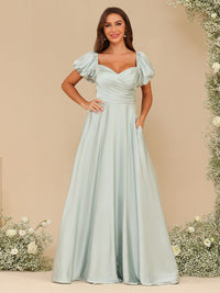 Chiffon V Neck Puff Sleeve Pleated Corset Bridesmaid Dresses
