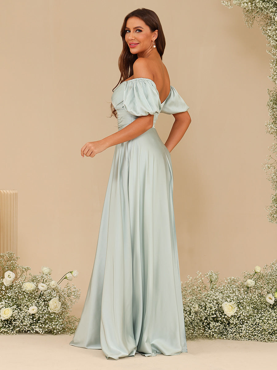 Chiffon V Neck Puff Sleeve Pleated Corset Bridesmaid Dresses