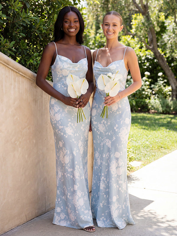 Satin Spaghetti Straps Cowl Neck Floral Corset Bridesmaid Dresses