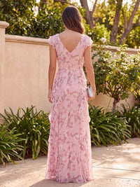Chiffon V Neck Floral Corset Ruffles Bridesmaid Dresses with Scarf