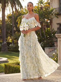 Chiffon Off the Shoulder Floral Spaghetti Straps Ruffles Bridesmaid Dresses