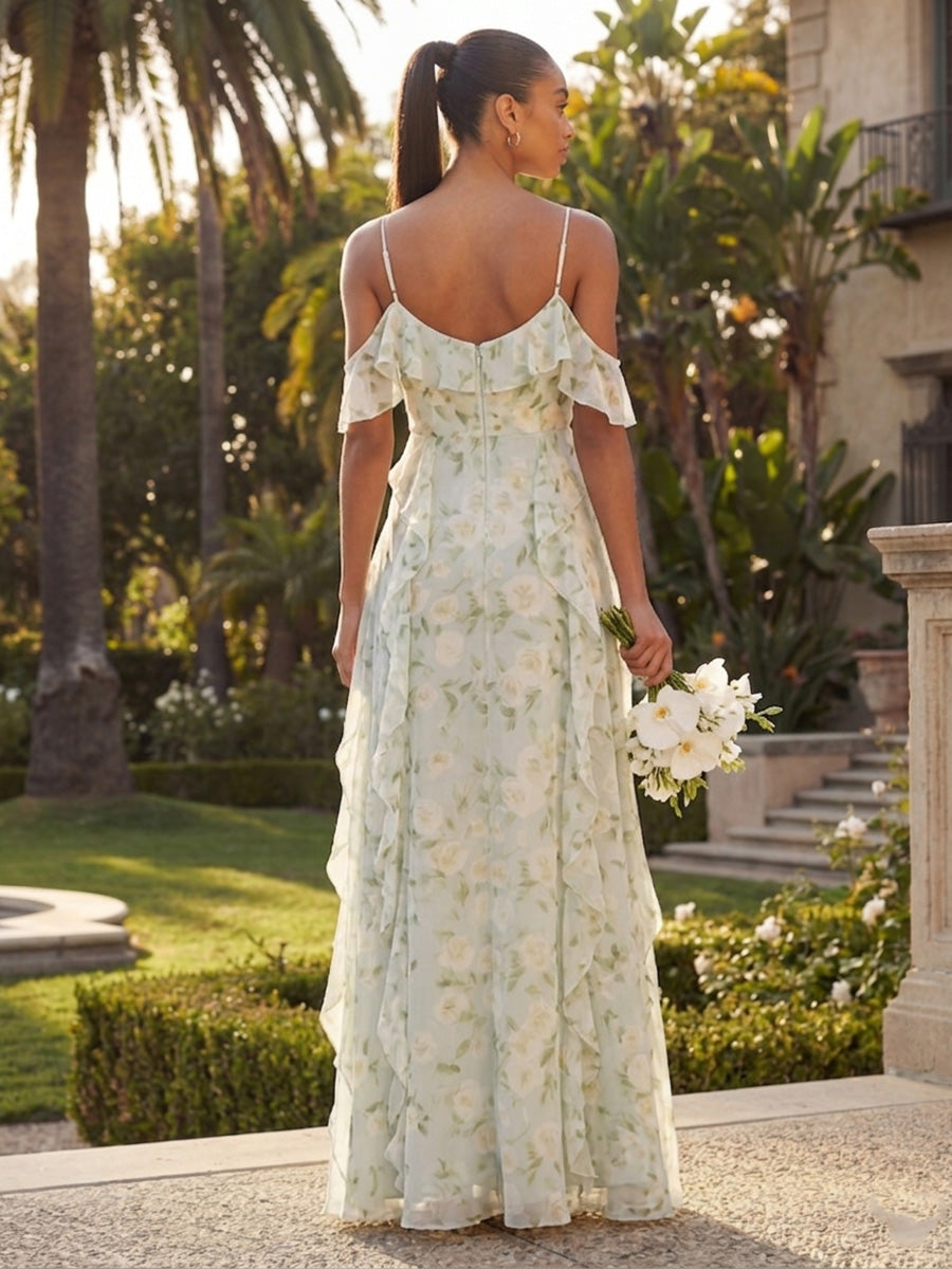 Chiffon Off the Shoulder Floral Spaghetti Straps Ruffles Bridesmaid Dresses