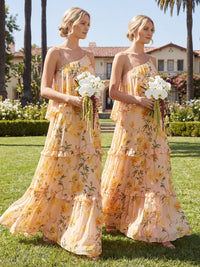 Chiffon Spaghetti Straps Layered Floral Corset Pleated Bridesmaid Dresses