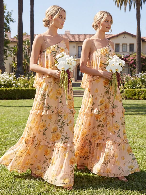 Chiffon Spaghetti Straps Layered Floral Corset Pleated Bridesmaid Dresses