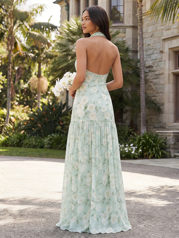 Cowl Neck  Chiffon Halter Floral Corset Pleated Bridesmaid Dresses