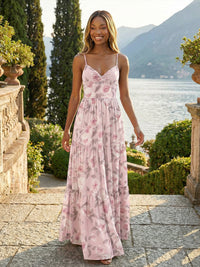 Floral Spaghetti Straps Chiffon Pleated Bridesmaid Dresses