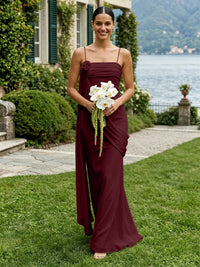 Chiffon Square Neck Ruched Spaghetti Straps Pleated Bridesmaid Dresses
