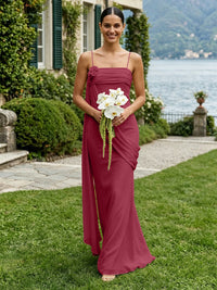 Chiffon Square Neck Ruched Spaghetti Straps Pleated Bridesmaid Dresses
