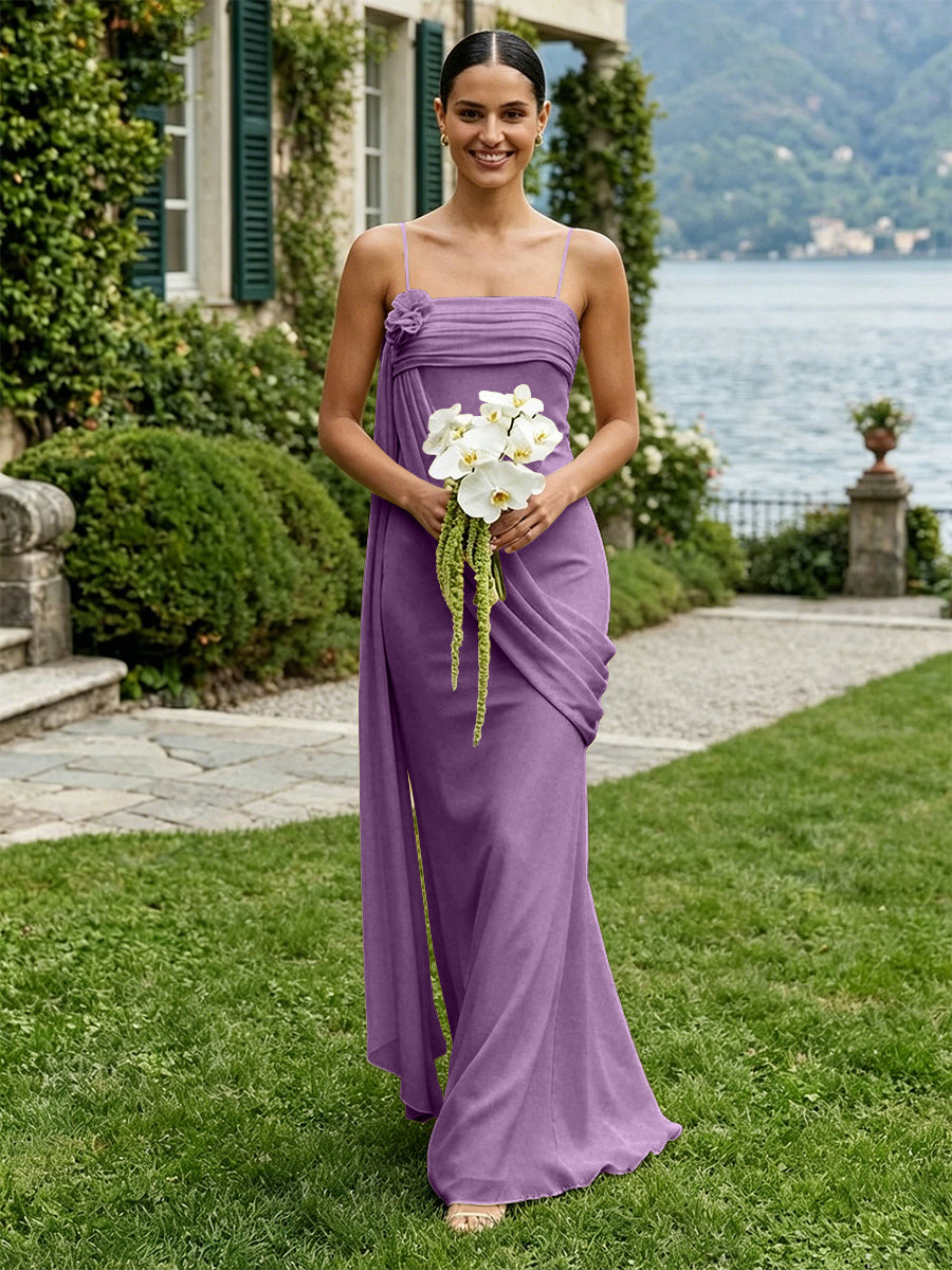 Chiffon Square Neck Ruched Spaghetti Straps Pleated Bridesmaid Dresses