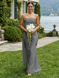 Chiffon Square Neck Ruched Spaghetti Straps Pleated Bridesmaid Dresses