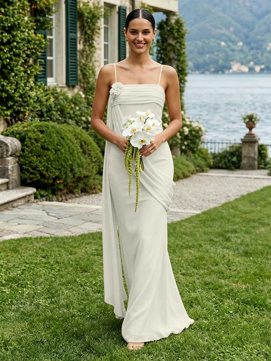 Chiffon Square Neck Ruched Spaghetti Straps Pleated Bridesmaid Dresses