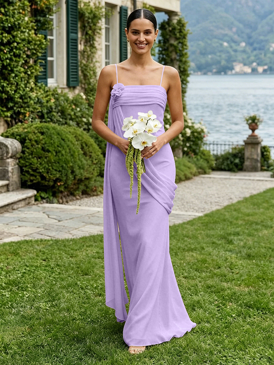 Chiffon Square Neck Ruched Spaghetti Straps Pleated Bridesmaid Dresses