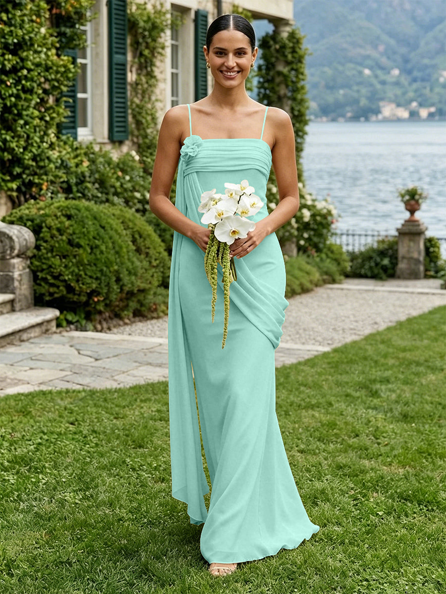 Chiffon Square Neck Ruched Spaghetti Straps Pleated Bridesmaid Dresses