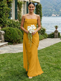 Chiffon Square Neck Ruched Spaghetti Straps Pleated Bridesmaid Dresses