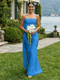 Chiffon Square Neck Ruched Spaghetti Straps Pleated Bridesmaid Dresses