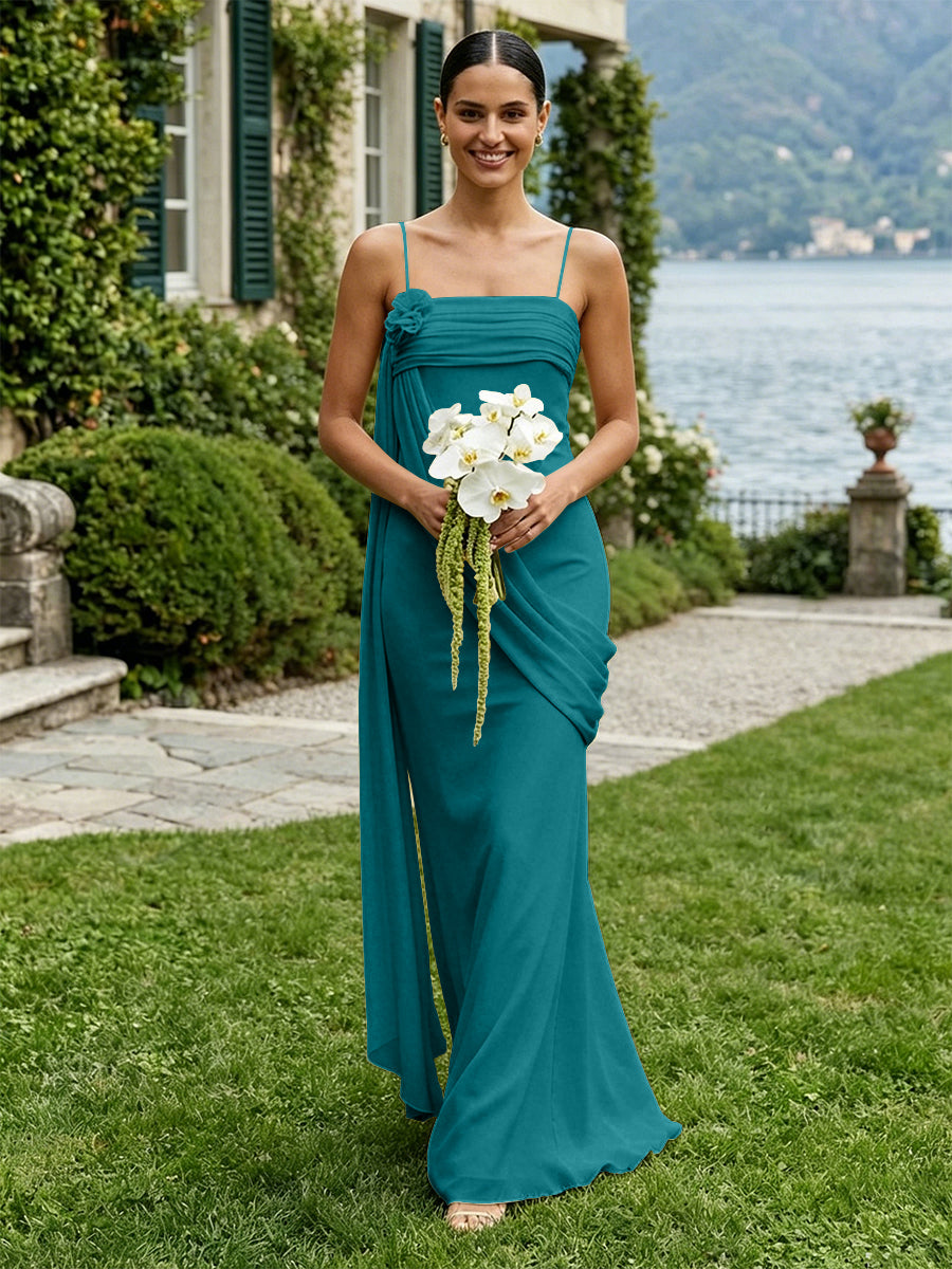 Chiffon Square Neck Ruched Spaghetti Straps Pleated Bridesmaid Dresses
