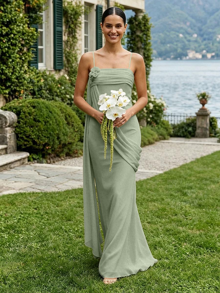 Chiffon Square Neck Ruched Spaghetti Straps Pleated Bridesmaid Dresses