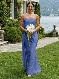 Chiffon Square Neck Ruched Spaghetti Straps Pleated Bridesmaid Dresses