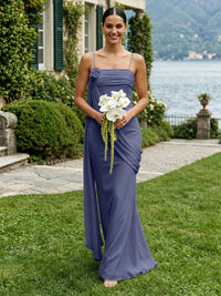 Chiffon Square Neck Ruched Spaghetti Straps Pleated Bridesmaid Dresses