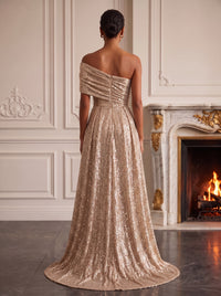 Sheath Sequined One Shoulder Long Sparkly Formal Evening Dresses with Split Side