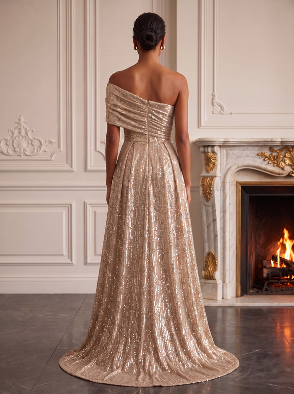 Sheath Sequined One Shoulder Long Sparkly Formal Evening Dresses with Split Side